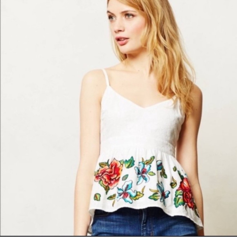 Maeve Anthropologie Sereno White Embroidered Rose Sleeveless Camisole Top Size 0